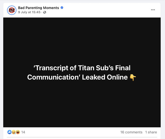 Ekrano nuotr. iš „Facebook“/nternete platinamas susirašinėjimas su vėliau sprogusio batiskafo „Titan“ įgula, bet jo autentiškumas nėra patvirtintas