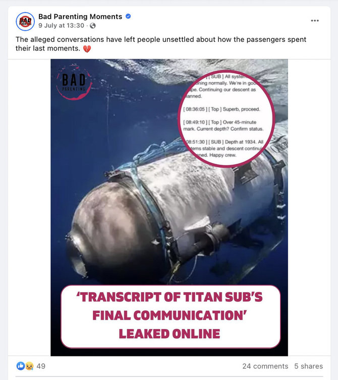 Ekrano nuotr. iš „Facebook“/Internete platinamas susirašinėjimas su vėliau sprogusio batiskafo „Titan“ įgula, bet jo autentiškumas nėra patvirtintas