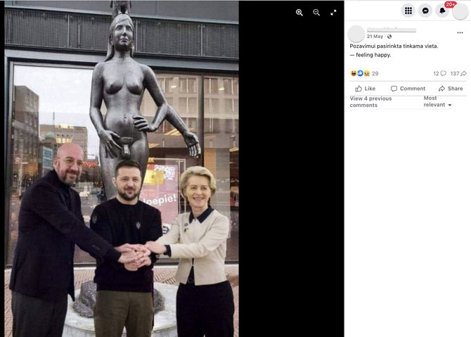 Ekrano nuotr. iš „Facebook“/Volodymyras Zelenskis, Charles’is Michelis ir Ursula von der Leyen prie trirankės nuogos moters su vyriškais lyties organais skulptūros nepozavo - nuotrauka yra montažas
