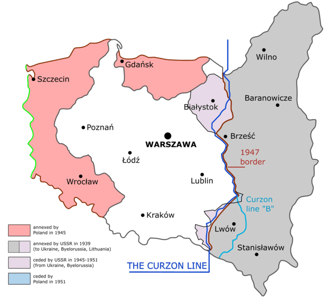 Nuotr. iš en.wikipedia.org/Lenkijos sienos iki 1938 m. ir po 1945 m. Rytų pasienis pažymėtas pilka spalva, o atgautos teritorijos – rausva