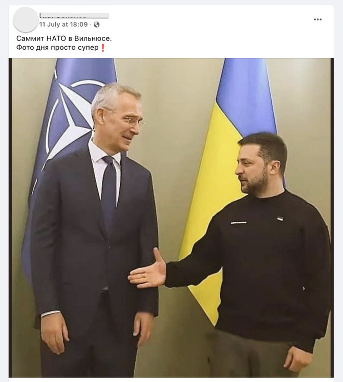 Ekrano nuotr. iš „Facebook“/NATO vadovas Jensas Stoltenbergas kiek uždelsė sureaguoti, bet Ukrainos prezidento Volodymyro Zelenskio ranką jis netrukus paspaudė