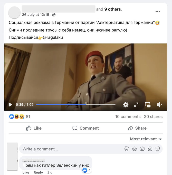 Ekrano nuotr. iš „Facebook“/Filmuke akivaizdus ir Rusijos propagandos mėgstamas naratyvas apie tariamai nacistinių pažiūrų Ukrainos valdžią