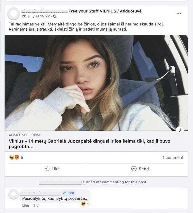 Ekrano nuotr. iš „Facebook“/Pranešimas apie tariamai dingusią paauglę iliustruotas sena merginos, žinomos socialiniuose tinkluose, nuotrauka