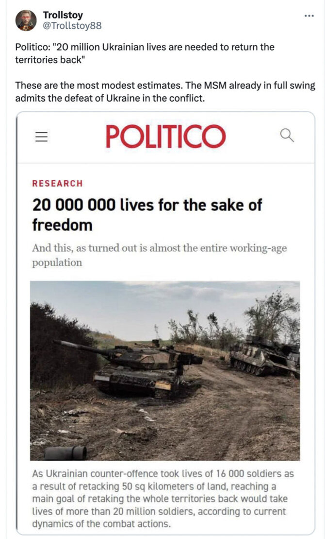 Ekrano nuotr. iš „Twitter“/„Politico“ straipsnio, kad norėdama laimėti karą Ukraina turės paaukoti 20 mln. gyvybių, niekada nepublikavo