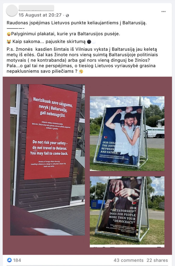 Ekrano nuotr. iš „Facebook“/Baltarusiški plakatai palyginti su Lietuvos įspėjimais dėl saugumo vengti kelionių pas kaimynus