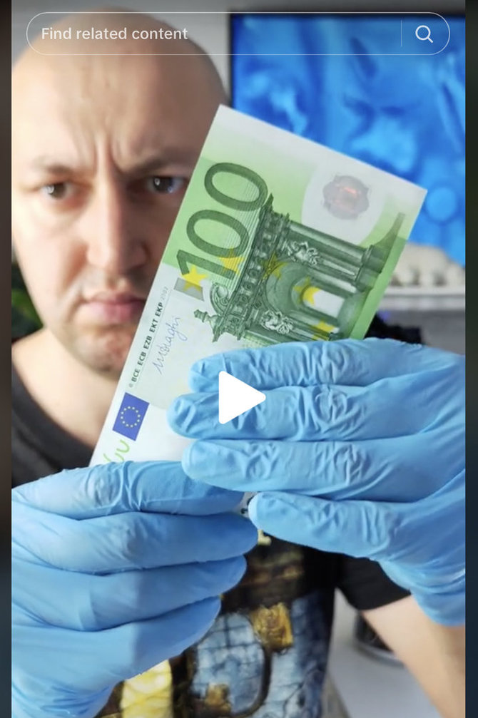 Ekrano nuotr. iš „TikTok“/Vaizdo įraše rodomi tariamai ant euro banknoto išryškėjantys piešiniai
