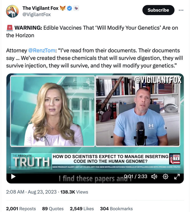 Ekrano nuotr. iš „Twitter“/Vaizdo įraše advokatas Tomas Renzas gąsdina valgomomis vakcinomis