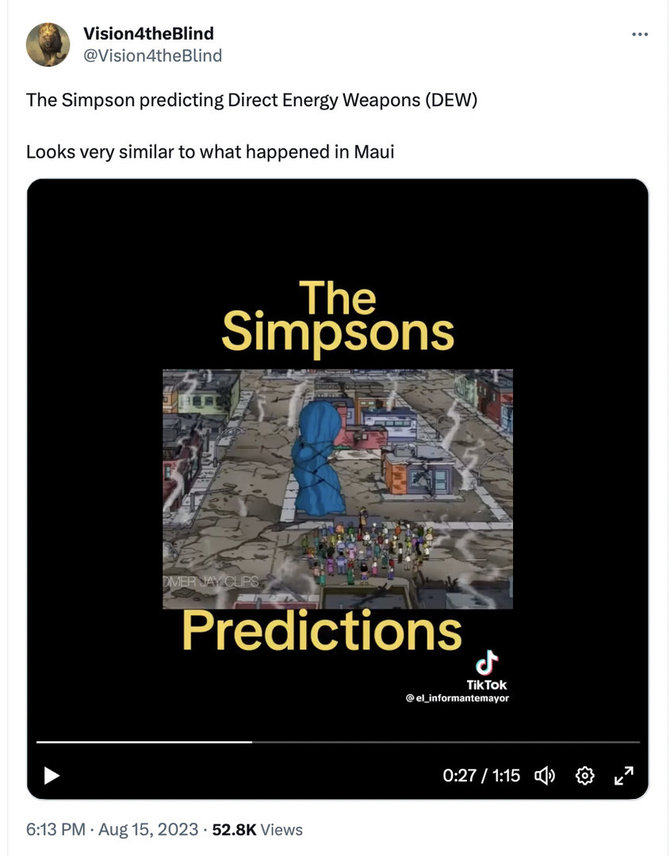 Ekrano nuotr. iš „Twitter“/Socialiniuose tinkluose platinama melagiena, esą gaisrai Havajuose sukelti tyčia, o tai nuspėta seriale „Simpsonai“
