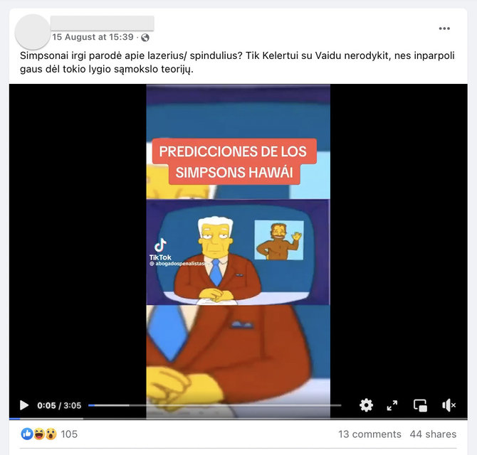 Ekrano nuotr. iš „Facebook“/Socialiniuose tinkluose platinama melagiena, esą gaisrai Havajuose sukelti tyčia, o tai nuspėta seriale „Simpsonai“