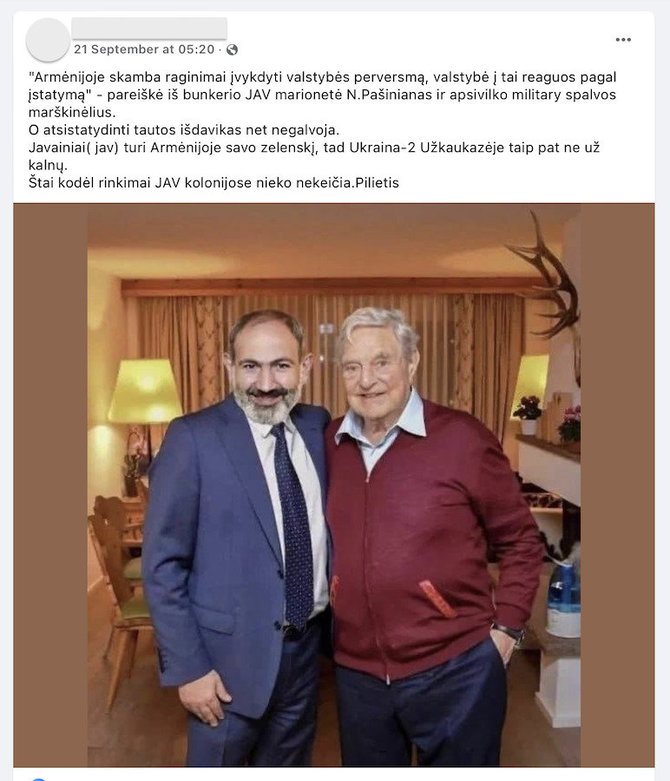 Ekrano nuotr. iš „Facebook“/Tai yra pakeista nuotrauka – šalia George'o Soroso stovi ne Armėnijos premjeras Nikolas Pašinianas, o Šiaurės Makedonijos politikas Zoranas Zaevas