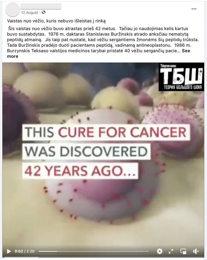 Ekrano nuotr. iš „Facebook“/Antineoplastonai, kurie pristatomi kaip vaistas nuo vėžio, tėra eksperimentinis gydymas
