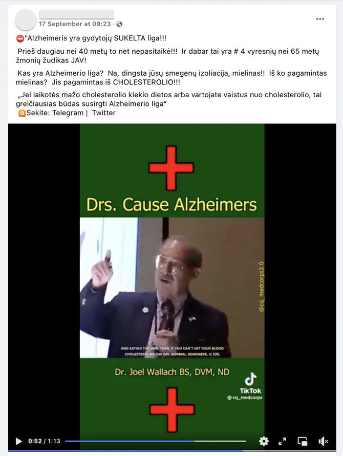 Ekrano nuotr. iš „Facebook“/Socialinių tinklų vartotojai dalijasi veterinaro Joelio Wallacho įžvalgomis apie Alzheimerio ligą