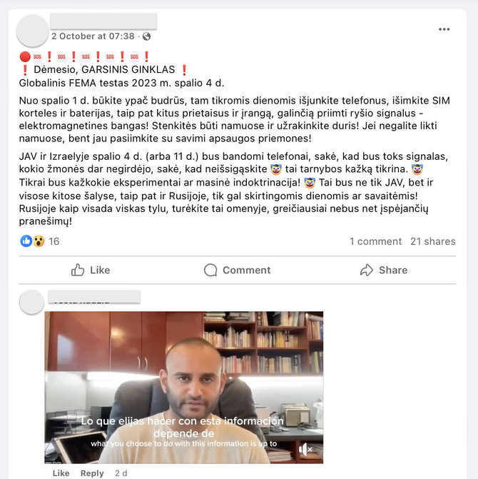 Ekrano nuotr. iš „Facebook“/Įspėjimai dėl JAV vyksiančio perspėjimo sistemos patikrinimo platinam ir Lietuvoje