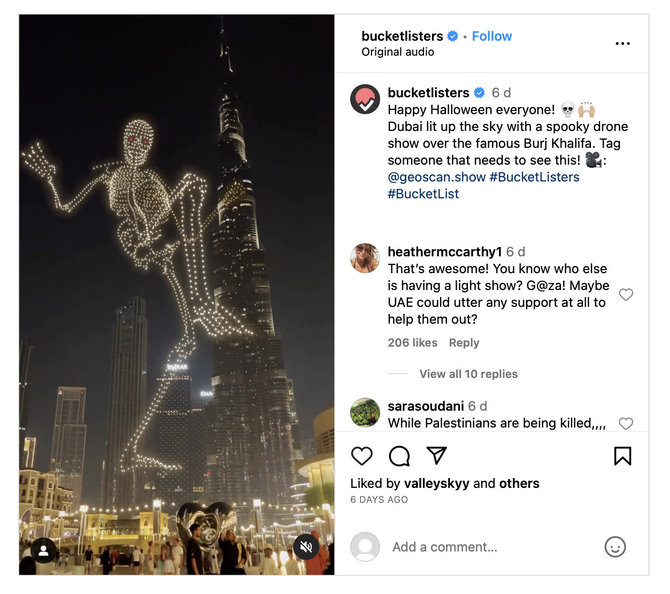 Ekrano nuotr. iš „Instagram“/Vaizdo įrašą su skeletu platinantys žmonės aiškina, esą jis buvo užfiksuotas per dronų šou Dubajuje