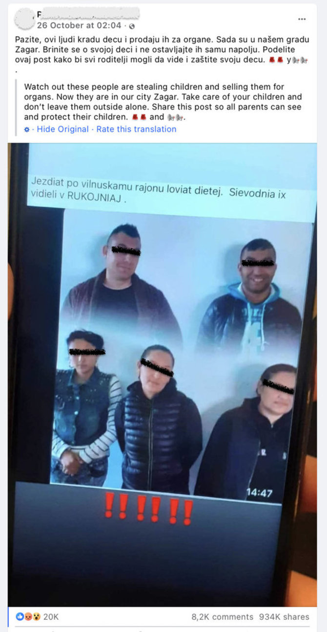 Ekrano nuotr. iš „Facebook“/Informacija apie tariamai vaikus ir Vilniaus regione grobiančius asmenis paskelbta bosnių kalba