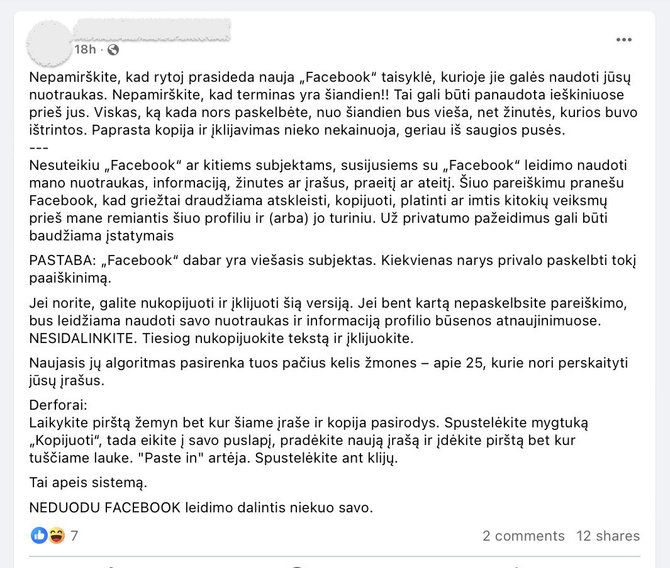 Ekrano nuotr. iš „Facebook“/Klaidinantis tekstas internete platinamas jau keliolika metų