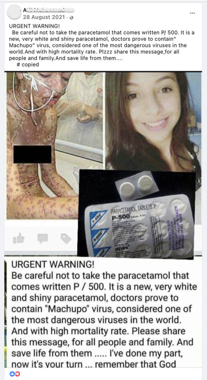 Ekrano nuotr. iš „Facebook“/Pirmiausiai platinta melagiena, neva paracetamolis užkrėstas pavojingu virusu