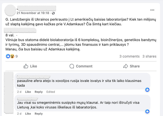 Ekrano nuotr. iš „Facebook“/Biotechnologijų centro statyba ne tik sukėlė pasipiktinimą, bet ir buvo susieta su sąmokslo teorija apie Ukrainos laboratorijas