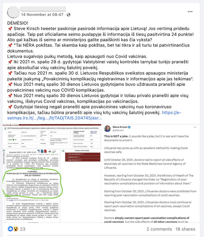 Ekrano nuotr. iš „Facebook“/Lietuvoje galiojančia nepageidaujamų reakcijų į skiepus registravimo tvarka susidomėjo ir vakcinų skeptikas iš JAV
