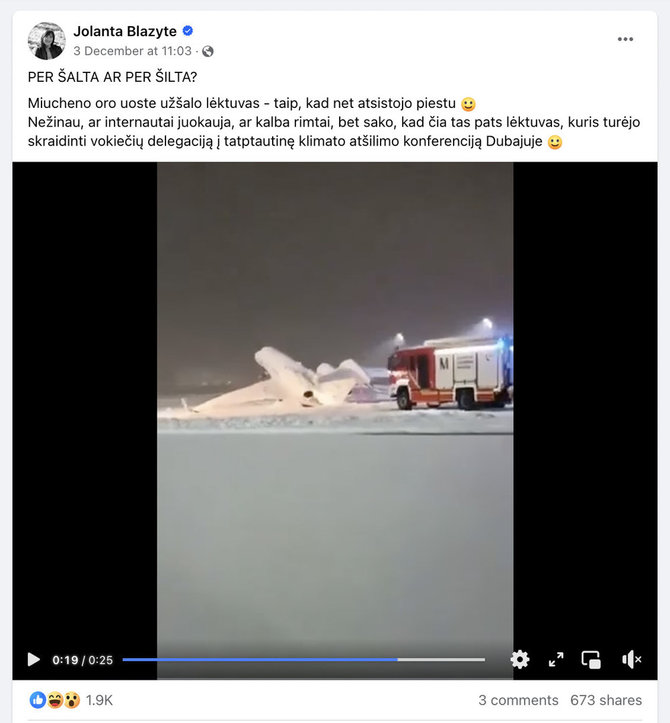 Ekrano nuotr. iš „Facebook“/Dėl gausaus sniego piestu pakilusio lėktuvo vaizdas internautams tapo proga pakalbėti apie klimato kaitą