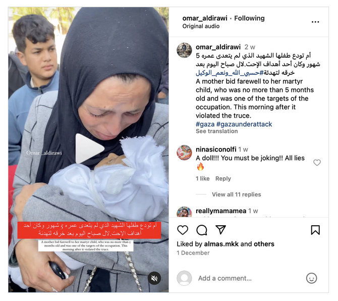 Ekrano nuotr. iš „Instagram“/Vaizdo įrašuose ir nuotraukose matomas žuvęs palestinietis kūdikis ir jo mama