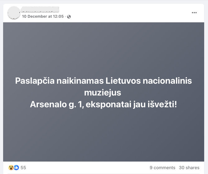 Ekrano nuotr. iš „Facebook“/Lietuvos nacionalinio muziejaus pagrindinė ekspozicija uždaryta dėl rekonstrukcijos, o eksponatai perkelti į saugyklas