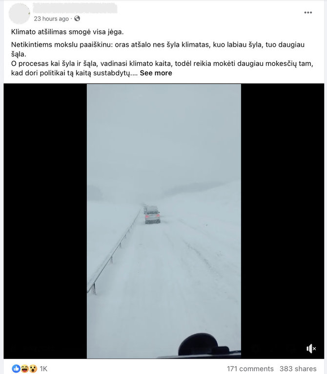Ekrano nuotr. iš „Facebook“/Speigas ir sniegas vidury žiemos nepaneigia, kad klimatas keičiasi