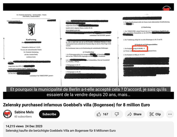 Ekrano nuotr. iš „YouTube“/Skelbiama, neva Volodymyras Zelenskis per savo įkurtą ofšorinę kompaniją Josepho Goebbelso vilą įsigijo už 8,1 mln. eurų (suma apibraukta raudonai)