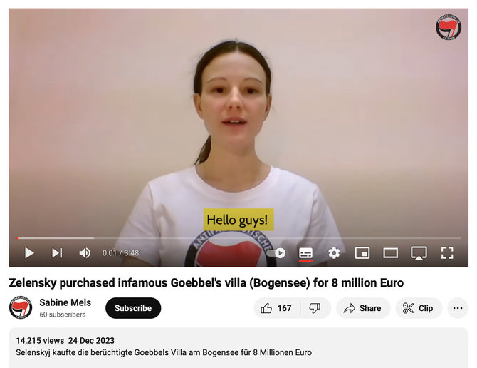 Ekrano nuotr. iš „YouTube“/Informaciją apie tariamą Josepho Goebbelso vilos pirkimą paskelbė buvusia nekilnojamojo turto agentūros darbuotoja Sabine Mels prisistačiusi moteris