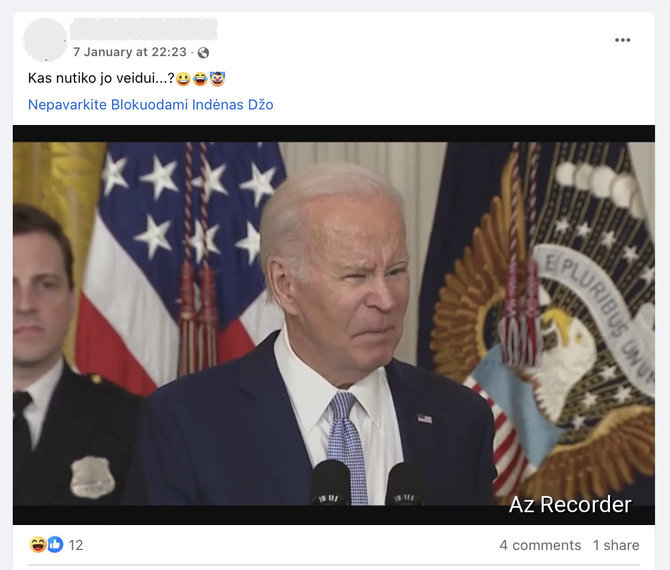 Ekrano nuotr. iš „Facebook“/Joe Bideno veidas įraše iš renginio buvo pakeistas skaitmeniniu būdu