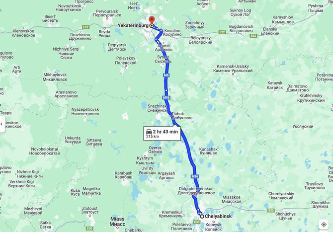 Ekrano nuotr. iš google.com/maps/Čeliabinską ir Jekaterinburgą skiria daugiau nei 200 km