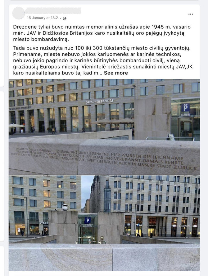Ekrano nuotr. iš „Facebook“/Dėl pokyčių Drezdeno bombardavimo memoriale susirūpinta ir Lietuvoje