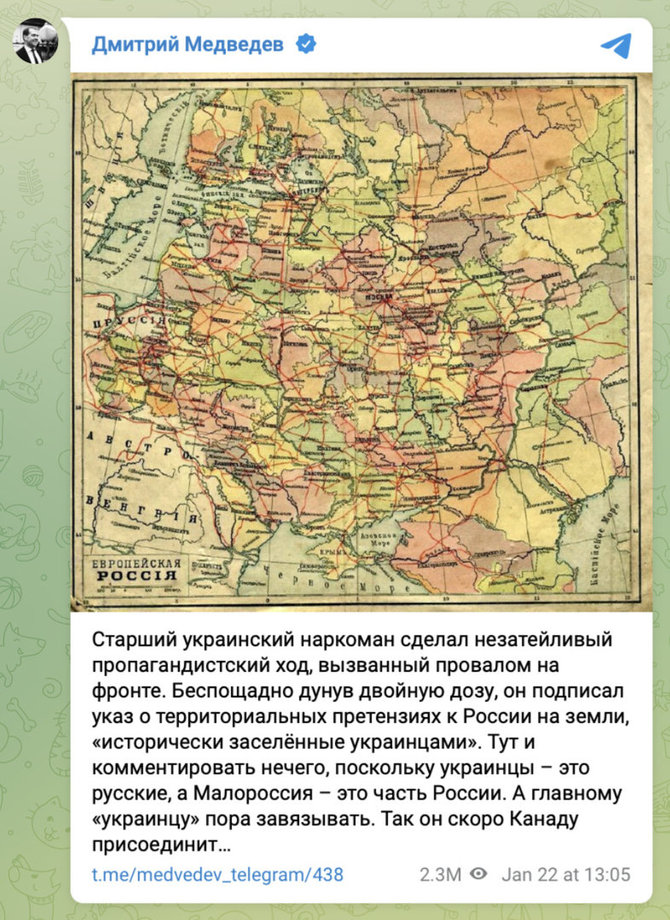 Ekrano nuotr. iš „Telegram“/Nuomonę apie Volodymyro Zelenskio dekretą pareiškė ir buvęs Rusijos prezidentas bei premjeras Dmitrijus Medvedevas