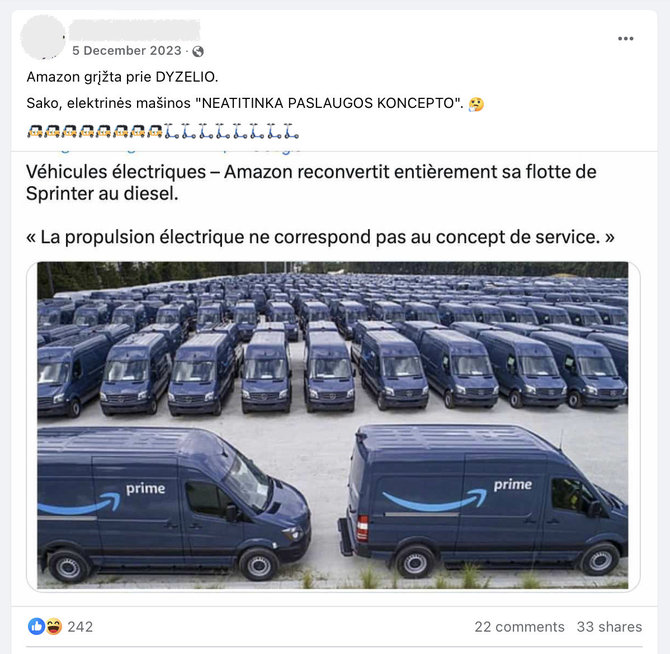 Ekrano nuotr. iš „Facebook“/Socialinių tinklų vartotojai platina klaidingą infomaciją, esą „Amazon“ grįžta prie dyzelinu varomų automobilių