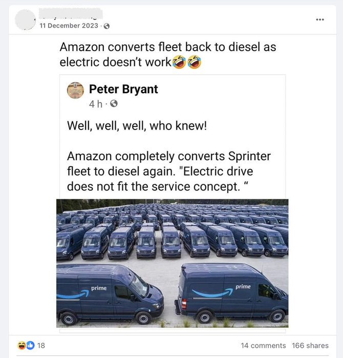 Ekrano nuotr. iš „X“/Socialinių tinklų vartotojai platina klaidingą infomaciją, esą „Amazon“ grįžta prie dyzelinu varomų automobilių