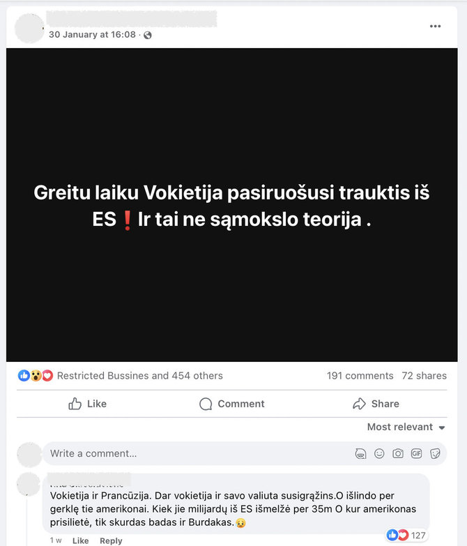 Ekrano nuotr. iš „Facebook“/Socialiniuose tinkluose platinami nepagrįsti teiginiai apie Vokietijos išstojimą iš Europos Sąjungos