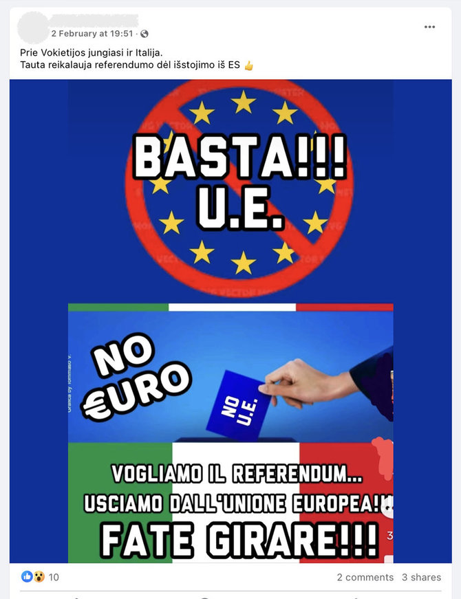 Ekrano nuotr. iš „Facebook“/Socialinių tinklų vartotojai aiškina, esą paskui Vokietiją iš Europos Sąjungos ketina išstoti Italija