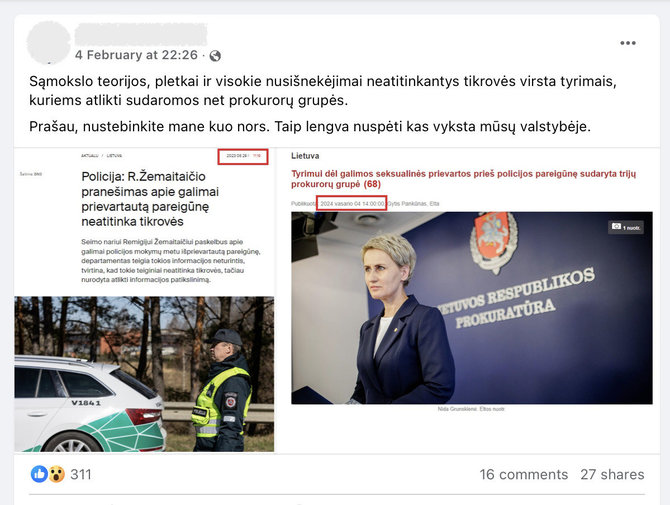 Ekrano nuotr. iš „Facebook“/Socialinių tinklų vartotojams užkliuvo, kad prokurorai tiria pranešimą, kurį policija buvo paneigusi kaip neatitinkantį tikrovės 