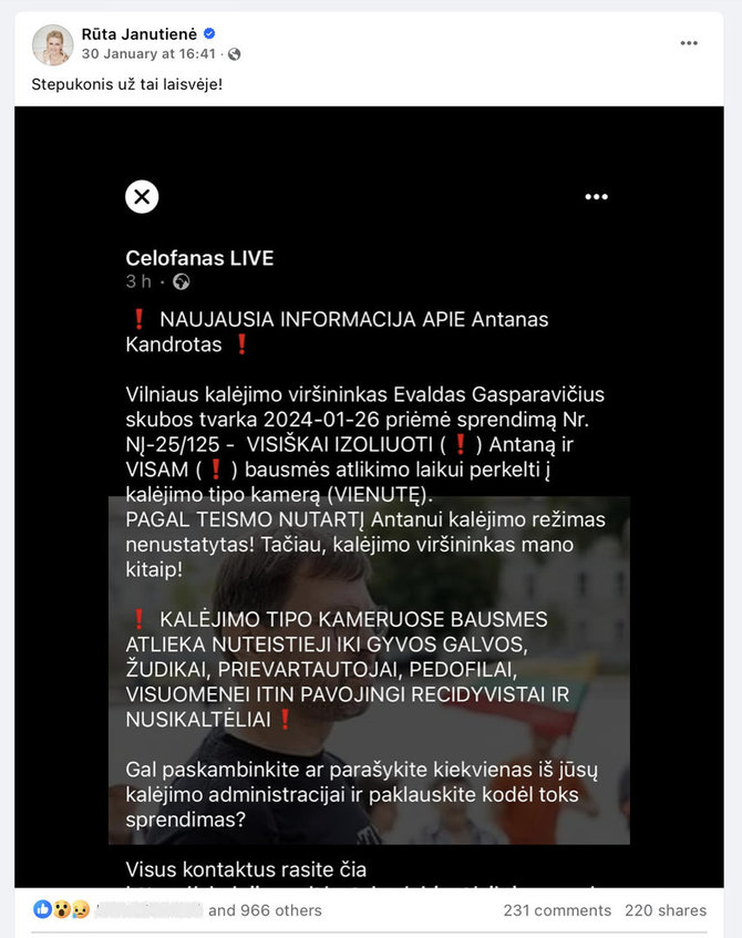 Ekrano nuotr. iš „Facebook“/Už finansinius nusikaltimus nuteisto Antano Kandroto-Celofano skundas dėl tariamo izoliavimo kalėjime