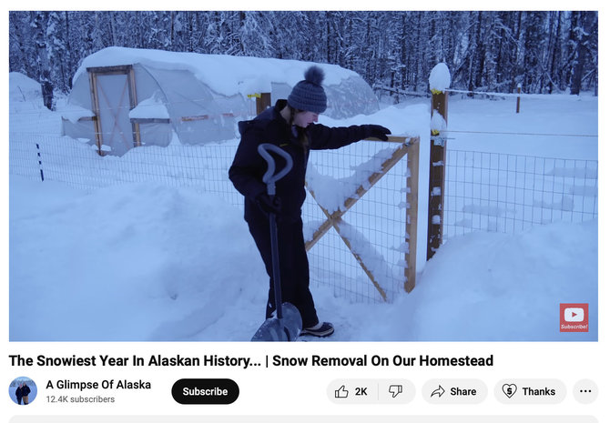 Ekrano nuotr. iš „YouTube“/Aliaskoje šią žiemą jau iškrito daugiau nei 2,65 m sniego