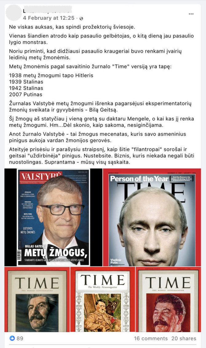 Ekrano nuotr. iš „Facebook“/Pasaulio metų žmogumi paskelbtas filantropas Billas Gatesas palygintas su diktatoriais
