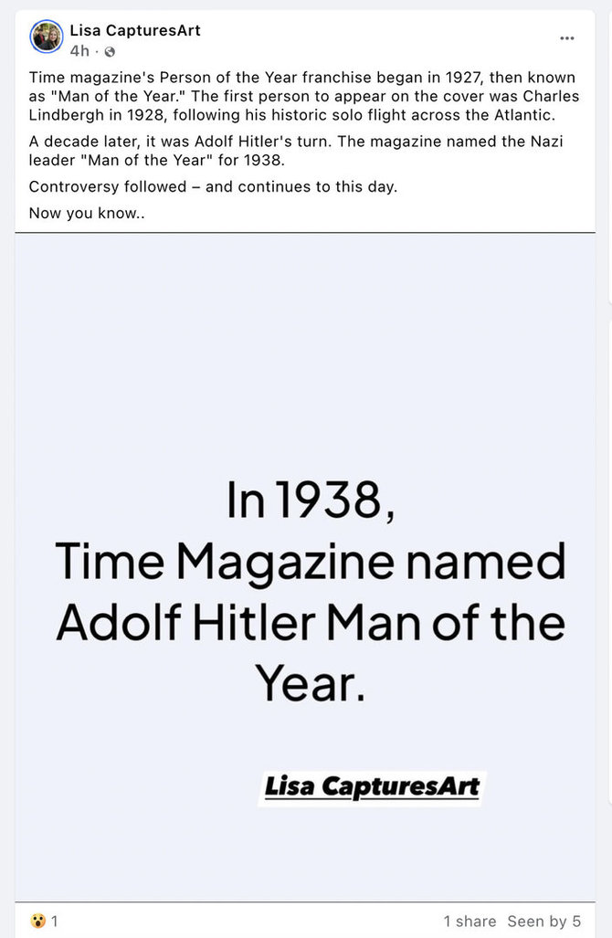 Ekrano nuotr. iš „Facebook“/sSocialinių tinklų vartotojai priminė, kad „Time“ Metų žmogumi buvo paskelbti ir Adolfas Hitleris, ir Josifas Stalinas