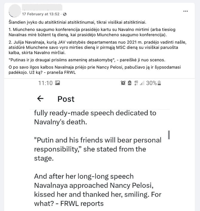 Ekrano nuotr. iš „Facebook“/Internete skleidžiama informacija, esą Julijos Navalnajos kalba Miuncheno saugumo konferencijoje buvo paruošta iš anksto