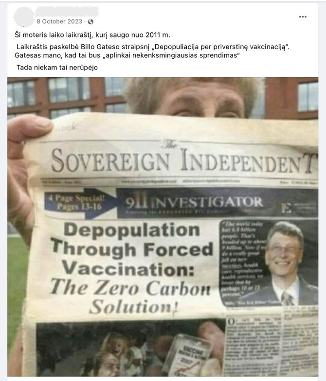 Ekrano nuotr. iš „Facebook“/2011 m. laikraštyje išspausdinta Billo Gateso citata buvo pasakyta visai kitame kontekste ir su vakcinomis susieta klaidingai