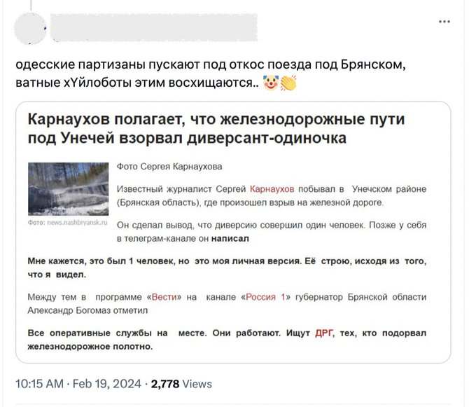 Ekrano nuotr. iš „X“/Melagieną apie esą partizanų prie Odesos susprogdintą traukinį netruko paneigti patys internautai