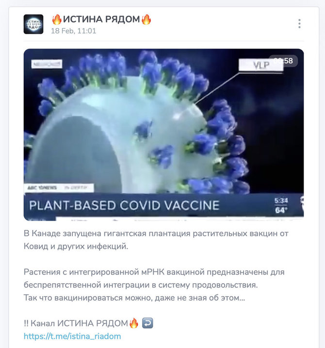 Ekrano nuotr. iš tgstat.ru/Informacinis klipas apie valgomas vakcinas platinamas su klaidinančiais komentarais