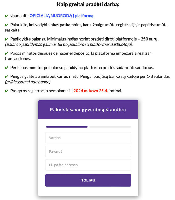 Ekrano nuotr. iš „Facebook“/Apgaulingas investavimo platformas reklamuojantys tinklalapiai kasdien atnaujinami, nurodant tą dieną kaip tariamai paskutinę, kai galima registruotis nemokamai
