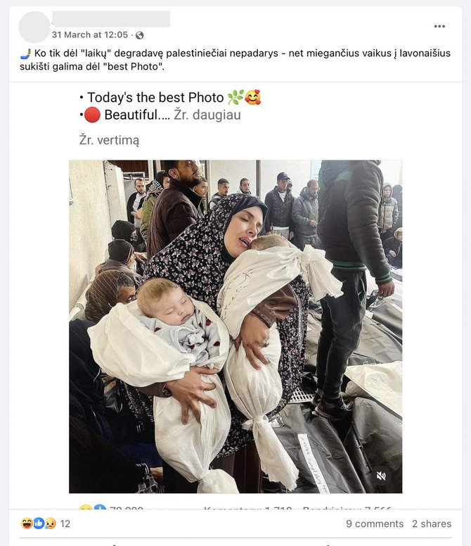 Ekrano nuotr. iš „Facebook“/Žuvusius vaikus glebėsčiuojančią palestinietę internautai palaikė aktore, o mažylius – lėlėmis