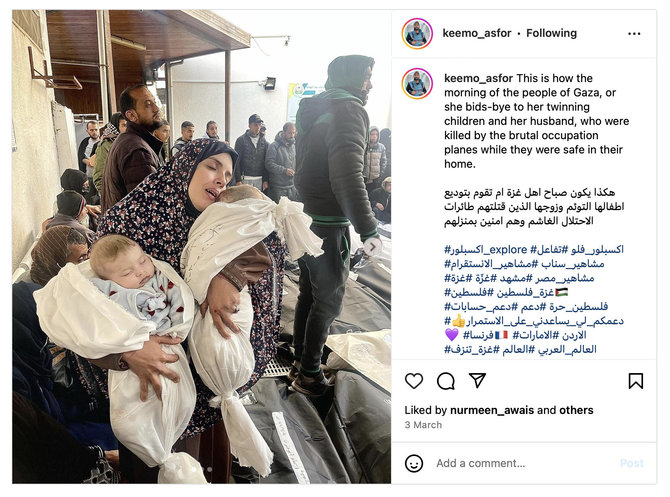 Ekrano nuotr. iš „Instagram“/Nuotraukoje įamžinta per ataką žuvusius dvynukus apraudanti palestinietė 