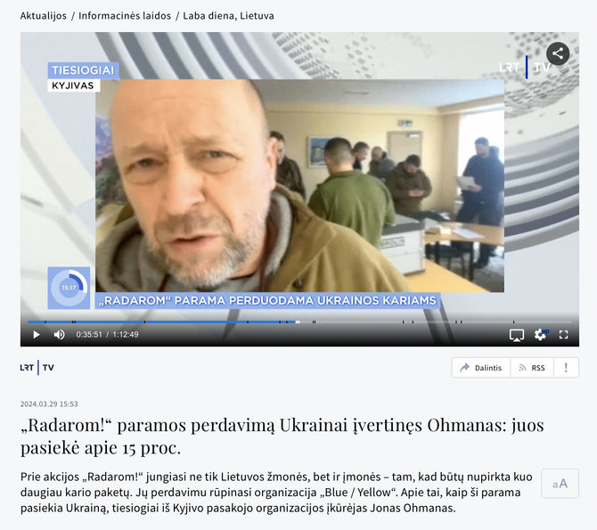 Ekrano nuotr. iš lrt.lt/Jonas Ohmanas laidos metu kalbėjo per patį įrangos, nupirktos už „Radarom!“ paaukotus pinigus, perdavimą ukrainiečiams